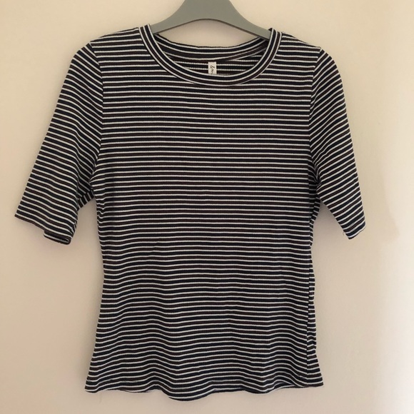 Tops - Navy & Brown Stripe ribbed tee with elbow length sleeve